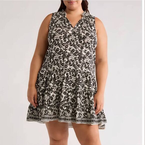 NWT Max Studio Plus Size 2X 20W Floral Tiered Sleeveless Dress in Ivory/Black - Picture 1 of 4